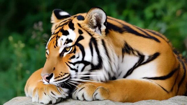 Sleeping tiger enjoys a sunny afternoon nap outdoors