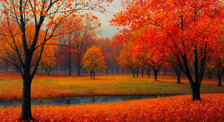 Naklejka premium Vibrant autumn landscape with orange trees and a calm river 