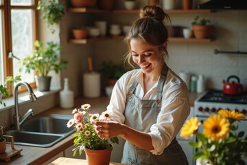 A Vintage-Clad Professional Cleaner Beautifully Arranging Flowers in a Sunlit Rustic Kitchen