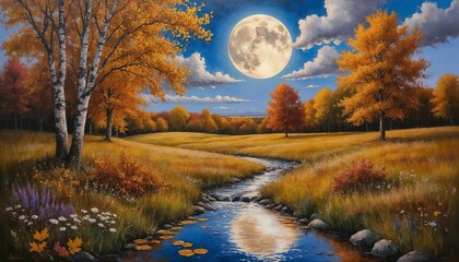 Fototapeta premium Autumn landscape with full moon and winding river in nature 