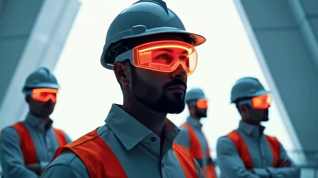 Workers in hard hats and futuristic glowing visors stand in a modern, sleek environment