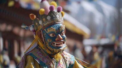Traditional Cham Dancer in Vibrant Mask and Costume at Thiksey Gustor Festival in Ladakh