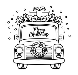 A vintage truck adorned with a holiday wreath, holly leaves, and gift boxes. Front view. Christmas Pickup with Wreath and Presents.