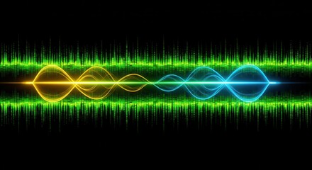 Sound waves and equalizer graph display show audio visualization.