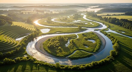 Stunning aerial view of a winding river and lush green landscape bathed in golden morning sunlight, evoking peace and natural beauty.