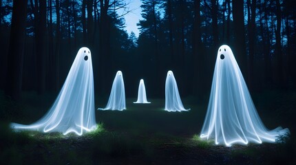 Eerie glowing ghosts float in a dark forest at night