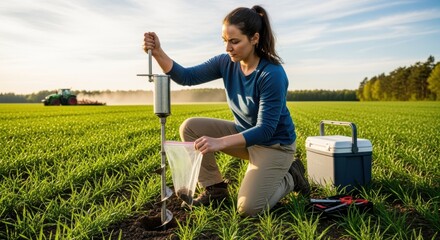 Agricultural researcher collecting soil samples from farmland to test for balanced nutrients fostering robust crop development