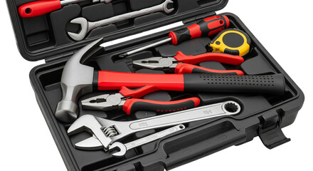 Fototapeta premium 3d illustration of open toolbox filled with various hand tools for home repair isolated on transparent background