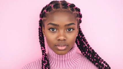 Naklejka premium A beautiful young woman with braided hair featu pink highlights gazes directly at the camera while wea a pink turtleneck sweater against a pink background.