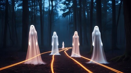 Ethereal ghosts illuminated by glowing paths in a dark mystical forest at night