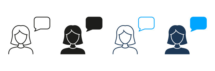 Female Avatar With Speech Bubble Line And Solid Icon Set. Communication, Dialogue, And Interaction Symbol Collection. User Profile And Messaging. Isolated Vector Illustration