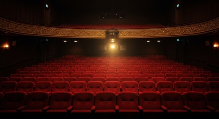 Empty red seats in a darkened theatre with a spotlight on stage.