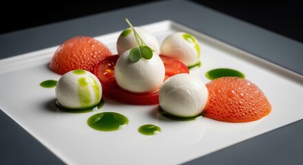 Artfully presented gourmet appetizer featuring fresh mozzarella balls, vibrant tomato slices, and delicate microgreens with an herbaceous drizzle.