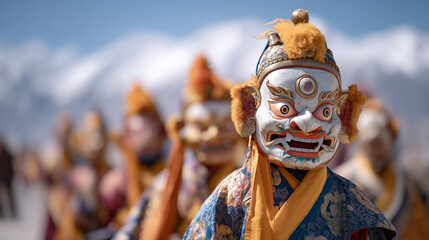 Colorful masked dancers in sacred Cham performance at Thiksey Gustor Festival in Ladakh, Himalayas