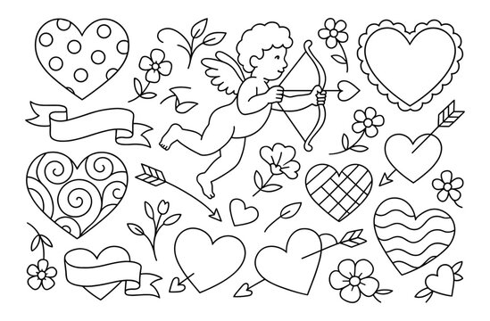 Charming black and white cupid with hearts and flowers for valentine's day