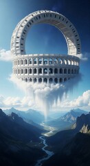 Futuristic floating ringshaped structure hovering above mountainous landscape with dramatic clouds