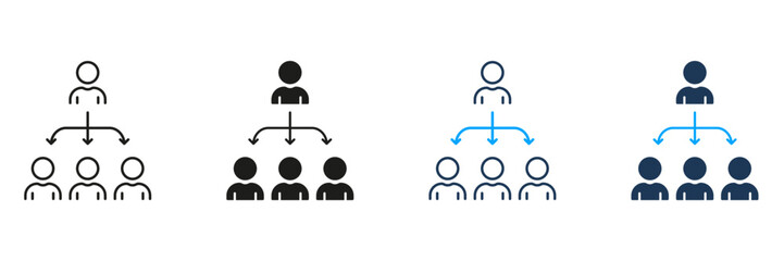 Organizational Hierarchy Line And Solid Icon Set. Leadership Structure, Team Management, And Corporate Hierarchy Symbol Collection. Business And Management Concept. Isolated Vector Illustration