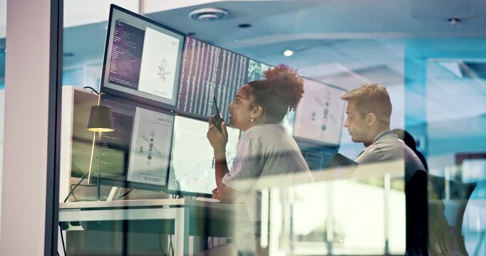 People, computer and screen with radio in control room to monitor weather, climate change and advice. Staff, information and online of satellite update, study storm pattern and disaster surveillance