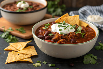 Delicious mexican chili con carne is a healthy beef stew served in a bowl with fresh vegetables, red tomato sauce, and peppers for a hearty lunch or dinner meal
