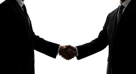Two professional businessmen in dark suits confidently shaking hands, signifying partnership, agreement, and successful collaboration in a bright studio setting.