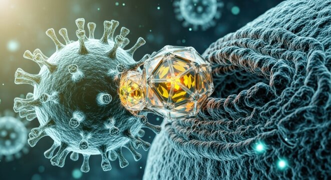 Microscopic view of a viral infection with visible virus particles and cellular structures in vibrant detail.