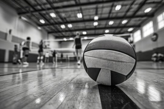 A volleyball rests on a polished wooden court, in sharp focus, with blurred figures of volleyball players and a net in the background within a brightly lit gymnasium - Powered by Adobe