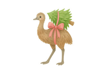 Christmas Australia Animal PNG  Festive Emu Carrying a Christmas Tree Watercolor Character Illustration Design