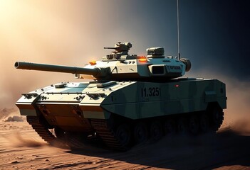 Modern armored infantry fighting vehicle on maneuver, weapon, background