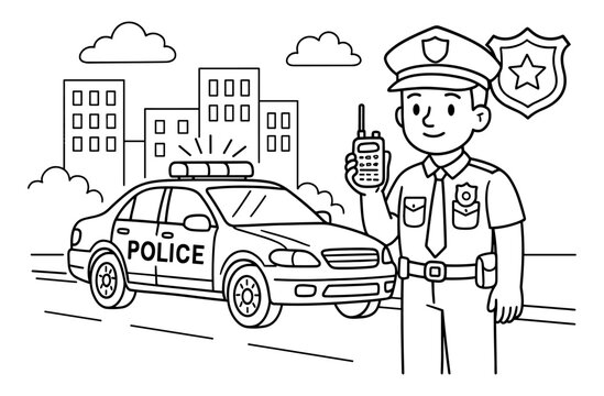 Police officer with car in cityscape coloring page for kids