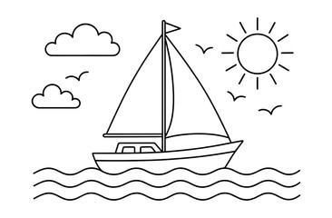 Fototapeta premium Minimalist sailboat outline with waves and sun in nautical theme