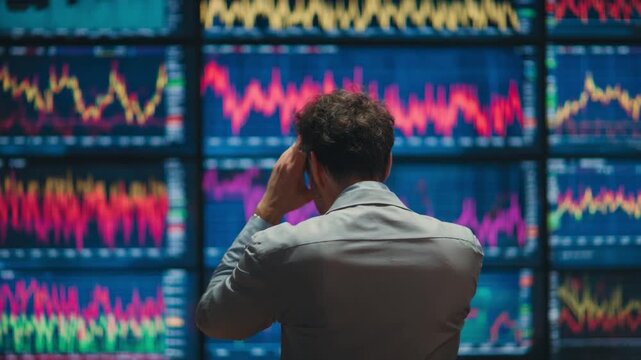 Financial Downturn: The image encapsulates the weight of market volatility as a figure is seen from behind, absorbed by a screen displaying the fluctuating and unpredictable market data