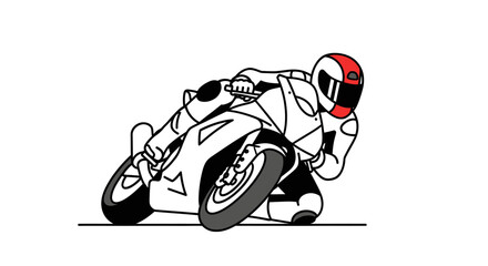 Motorcycle Racer Leaning into a Turn with Red Helmet Detail. © wong