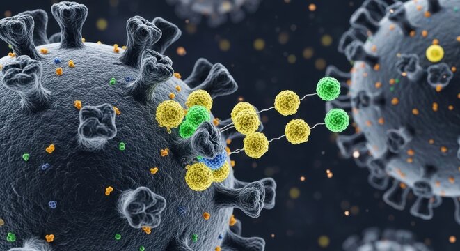 Microscopic view of covid-19 virus particles and immune system response cellular level detail