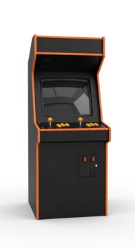 Black arcade cabinet with orange trim isolated on a white background, retro arcade game