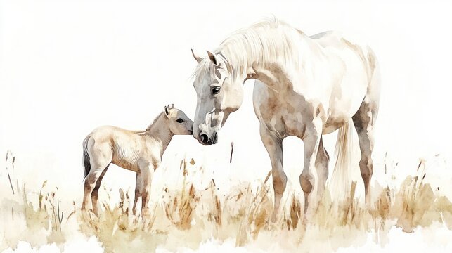 Watercolor painting of a mare tenderly nuzzling her light-brown foal in a field of tall, dry grass