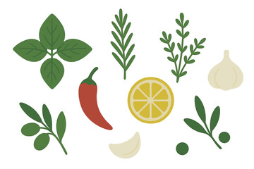 Obraz premium Flat lay of fresh cooking ingredients including basil, rosemary, lemon, chili, and garlic