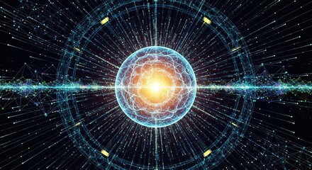 Dynamic digital network visualization with glowing spherical core and radiating data streams, perfect for tech and innovation concepts.