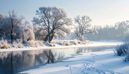 Fototapeta premium Icy River Landscape with Snowy Trees and Reflections in Winter Daylight