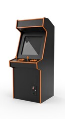 Black arcade cabinet with orange trim isolated on a white background, retro arcade game