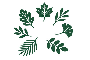 Stylized dark green botanical icons forming a decorative circular frame featuring diverse foliage shapes