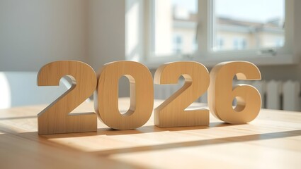 Wooden cubes forming "2026", placed on clean tabletop