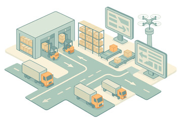 Fototapeta premium Automated logistics system managing supply chain with warehouse, trucks, and drone technology