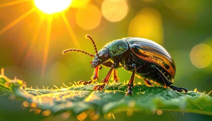 Naklejka premium Iridescent Beetle Crawling on Green Leaf in Golden Sunlight