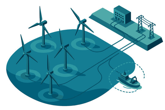Offshore wind farm generating renewable energy connected to coastal power grid infrastructure