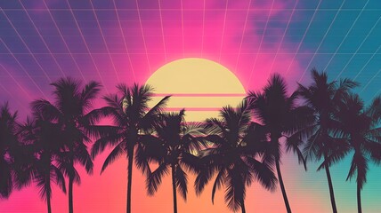 Naklejka premium Silhouette of palm trees against a vibrant retro sunset.