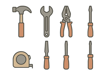 Collection of essential repair and construction hand tools including hammer, wrench, and screwdrivers