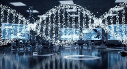 Discovering life's blueprint within a futuristic laboratory, visualizing DNA sequences on advanced computer screens, inspiring scientific breakthroughs.