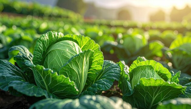 Lush Green Cabbage Patch at Sunrise with Golden Light and Dew Drops Wide Landscape Photo of a Beach Coastline Meeting Farmlands During Sunset