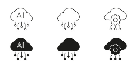 Artificial Intelligence Cloud Services and Data Storage Line and Solid Icon Set. Machine Learning, Innovation and Digital Technology Symbol Collection. Isolated Vector Illustration