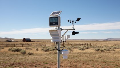 Medium shot of a ranch weather station capturing temperature variations with digital sensors and outdoor monitoring equipment